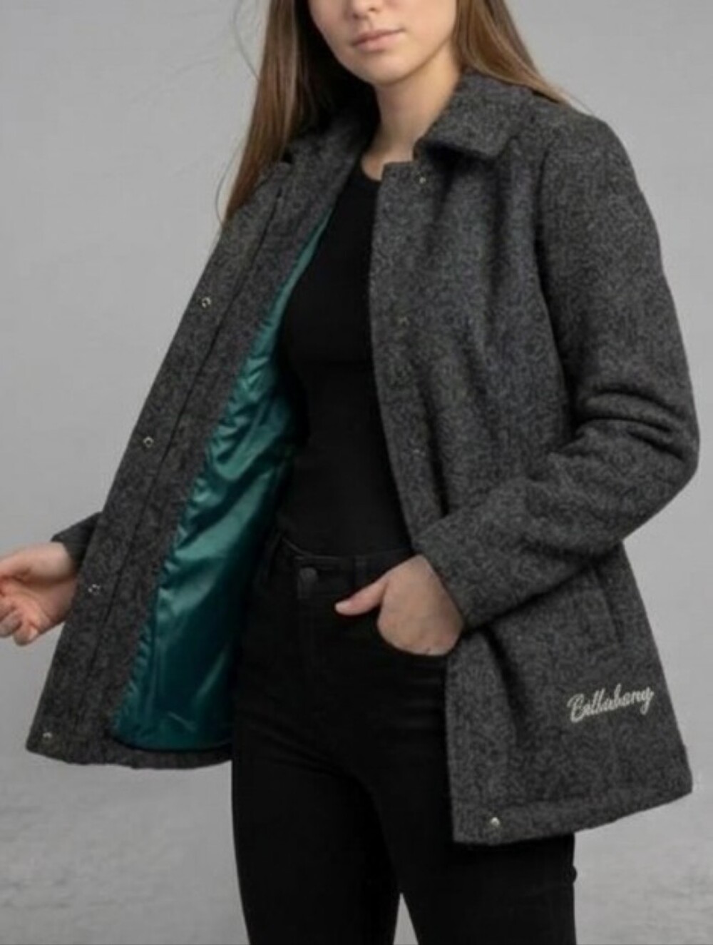 Vtg Y2K Billabong Pea Coat Wool Gray Textured Satin Lining Pockets Academia